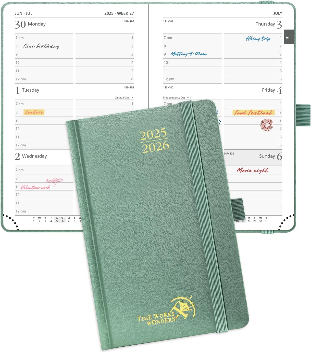 POPRUN Pocket Planner 2025-2026, (Purse Size 4''x 6.25'' Hard Cover) Academic Year Calendar Daily Weekly and Monthly (July 25-June 26) with Hourly Time Slots, 100 GSM Paper - Midnight Green