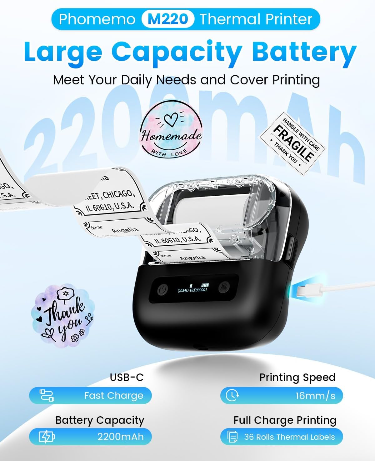 Phomemo Label Maker, M220 Thermal Label Printer, 80mm Portable Bluetooth Barcode Printer Compatible with Andriod/iOS for Home, Office, Small Business, with 3 Packs Label & Case