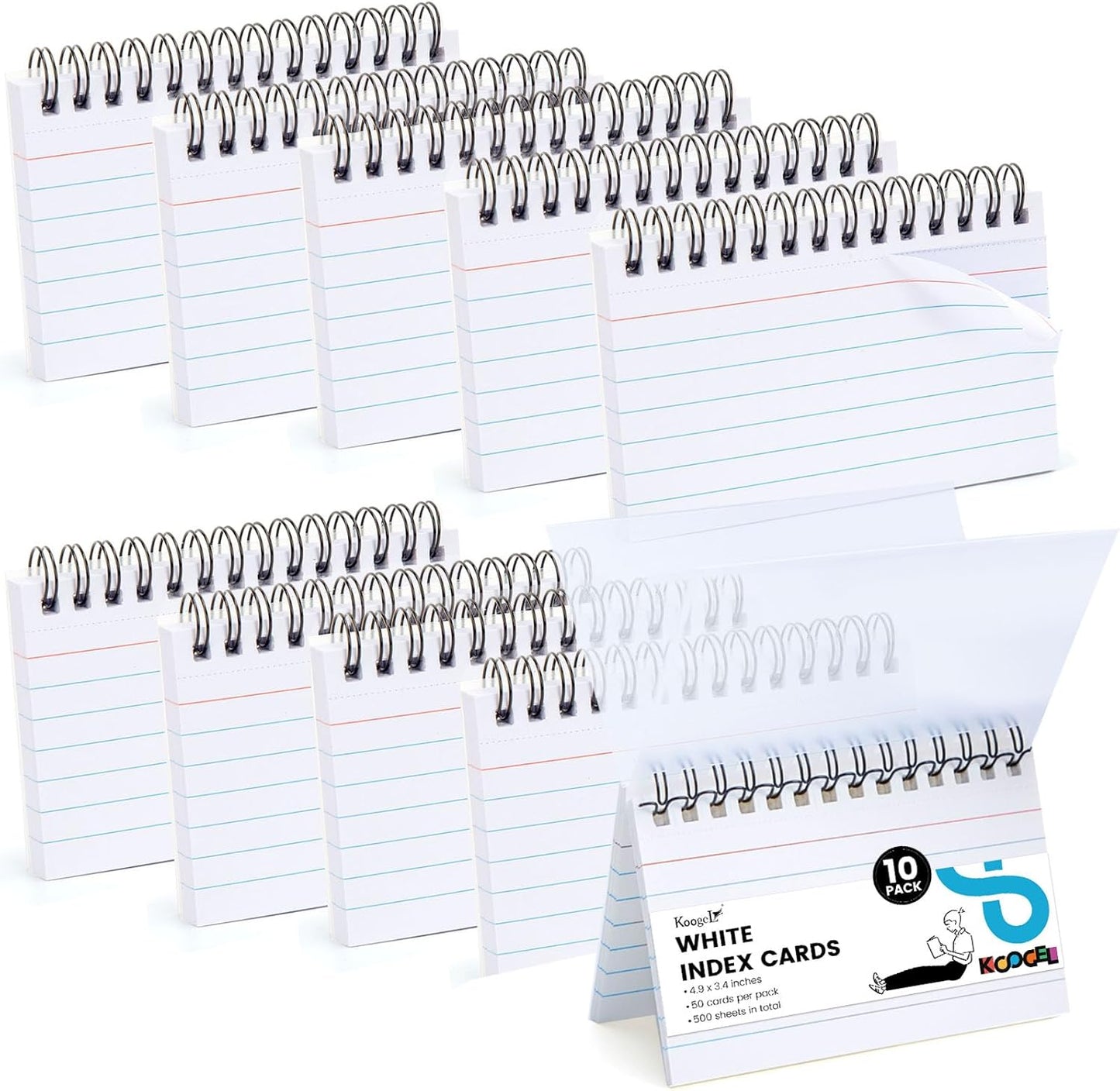 Koogel 500PCS 3x5 Index Cards, Spiral Index Cards with Ring for Studying, Flashcards Bulk Heavy Notecards with Waterproof Covers for School College Note Taking and To Do List Supplies, White