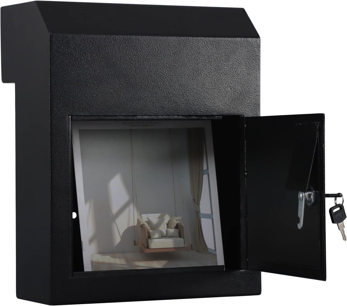 xydled Heavy Duty Mail Box with Key Lock, 15''x12''x6'', Locking Metal Mailbox Door Mounted, Through The Door Safe Locking Drop Box, Black