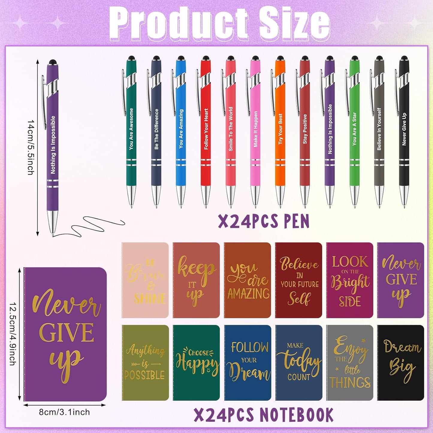 48 Pcs Bulk Motivational Pens Inspirational Notepads Set, Small Pocket Motivational Quote Notebooks and Ballpoint Pens, Mini Journals Gift Set for Kids Students Teachers School Office Prizes Supplies