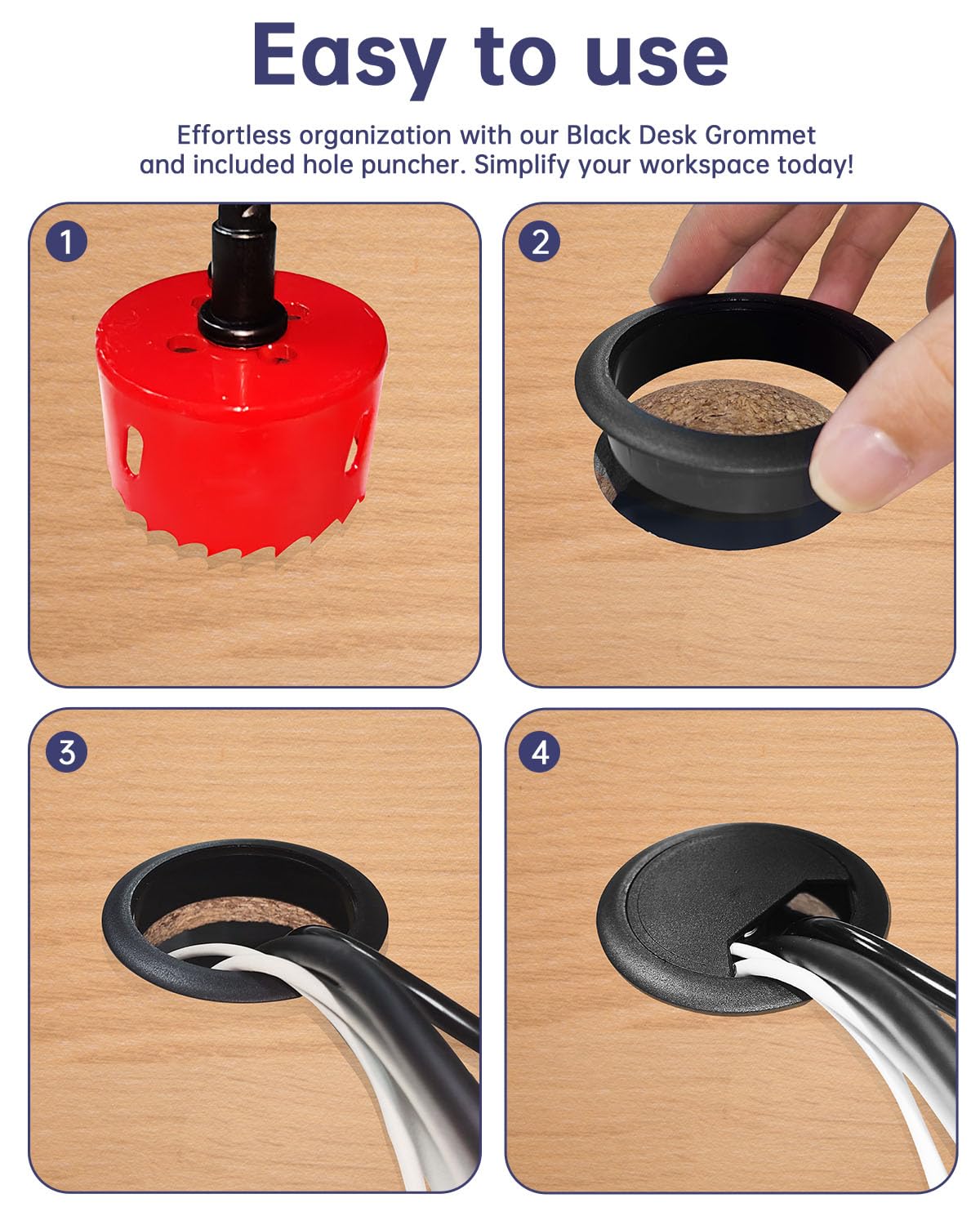 Desk Grommet & Cable Grommet 2 Inch (10 Pack) - Black Desk Hole Cover with Hole Saw - Cable Management Kit for Office, TV Stand, Workstation - Hide Wires Behind Wall, Cable Pass Through (50mm)