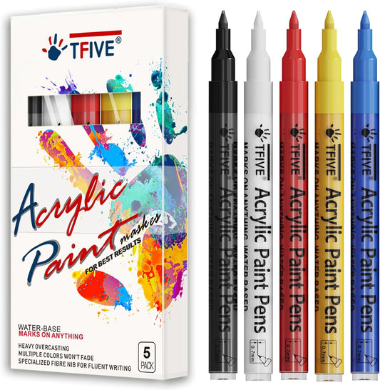 TFIVE Paint Marker Pens - 5 Colors Acrylic Permanent Marker, 0.7mm Extra Fine Tip for Art Projects, Drawing, Rock Painting, Ceramic, Glass, Wood, Plastic, Metal, Canvas DIY Crafts