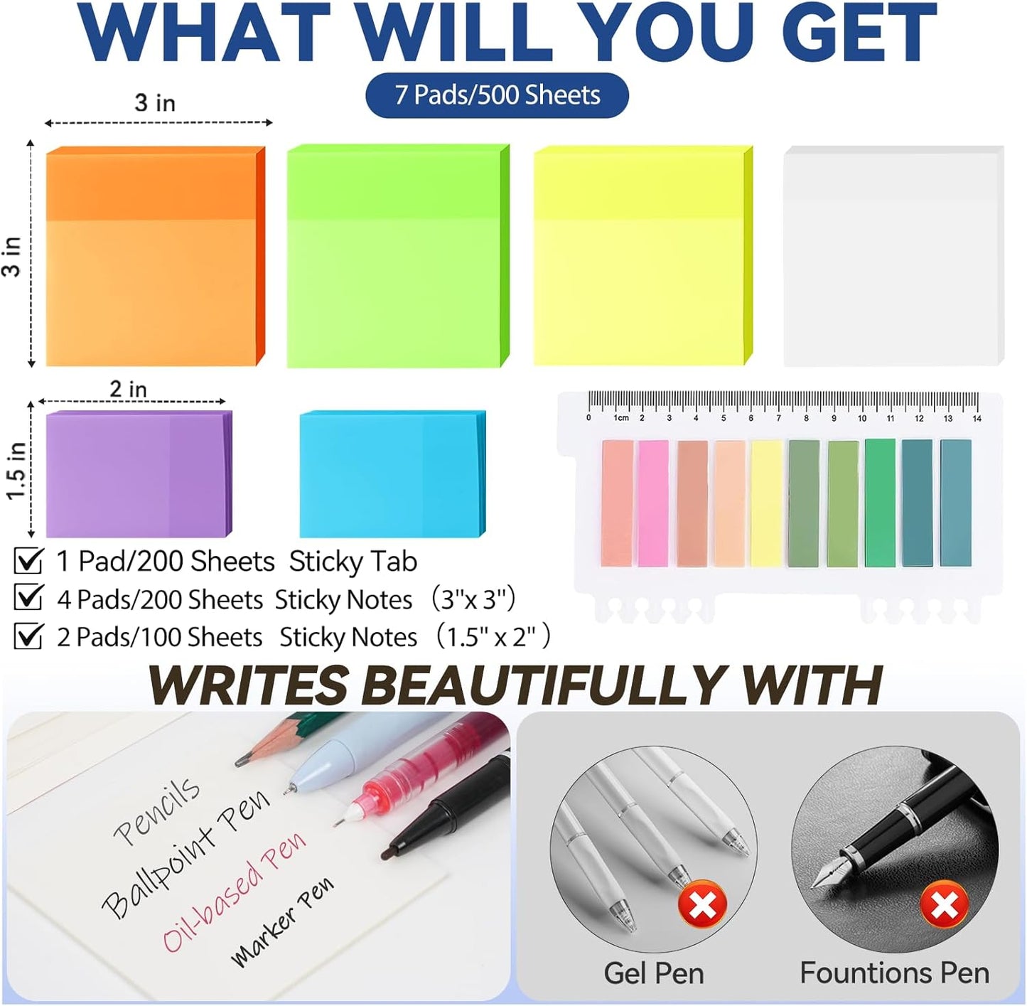 500 Sheets Transparent Sticky Notes with Index Tab, Waterproof & Crystal Clear Sticky Notes Sets, See-Through PET Sticky Note, 5X The Sticking Power Translucent Sticky Note Pad, 7 Pads