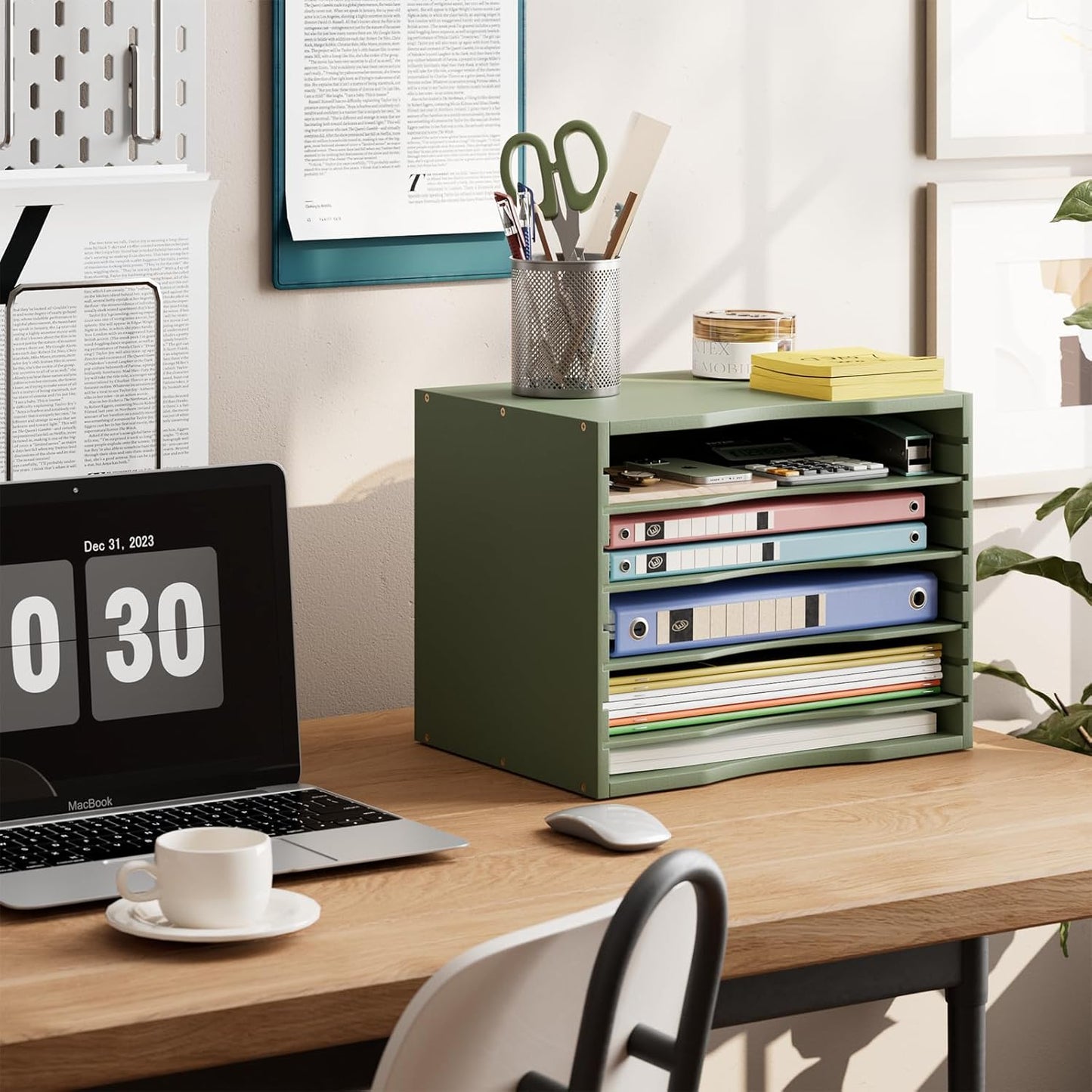 Bamjoy Bamboo 5 Tier Desktop Organizer, Paper Organizer Mail Sorter, File Holder Letter Document Storage with Adjustable Shelves for School Home Office, Forest Green