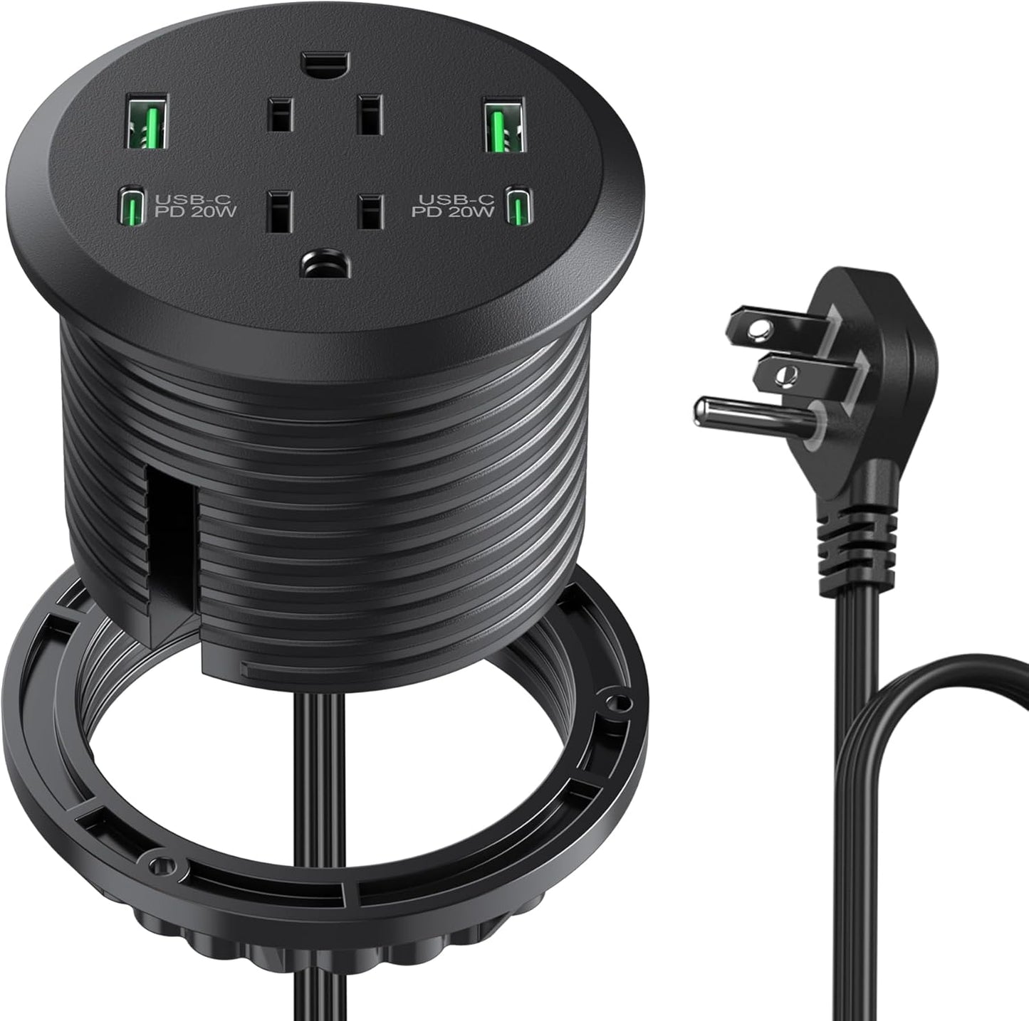 3 inch Desktop Power Grommet with PD 20W USB C,Furniture Recessed Power Strip,2 Outlets,4 USB Ports,40W Total,Flush-Mount for Desktop, Workspace Essential Desk Outlet (Black, 6 FT Cable)