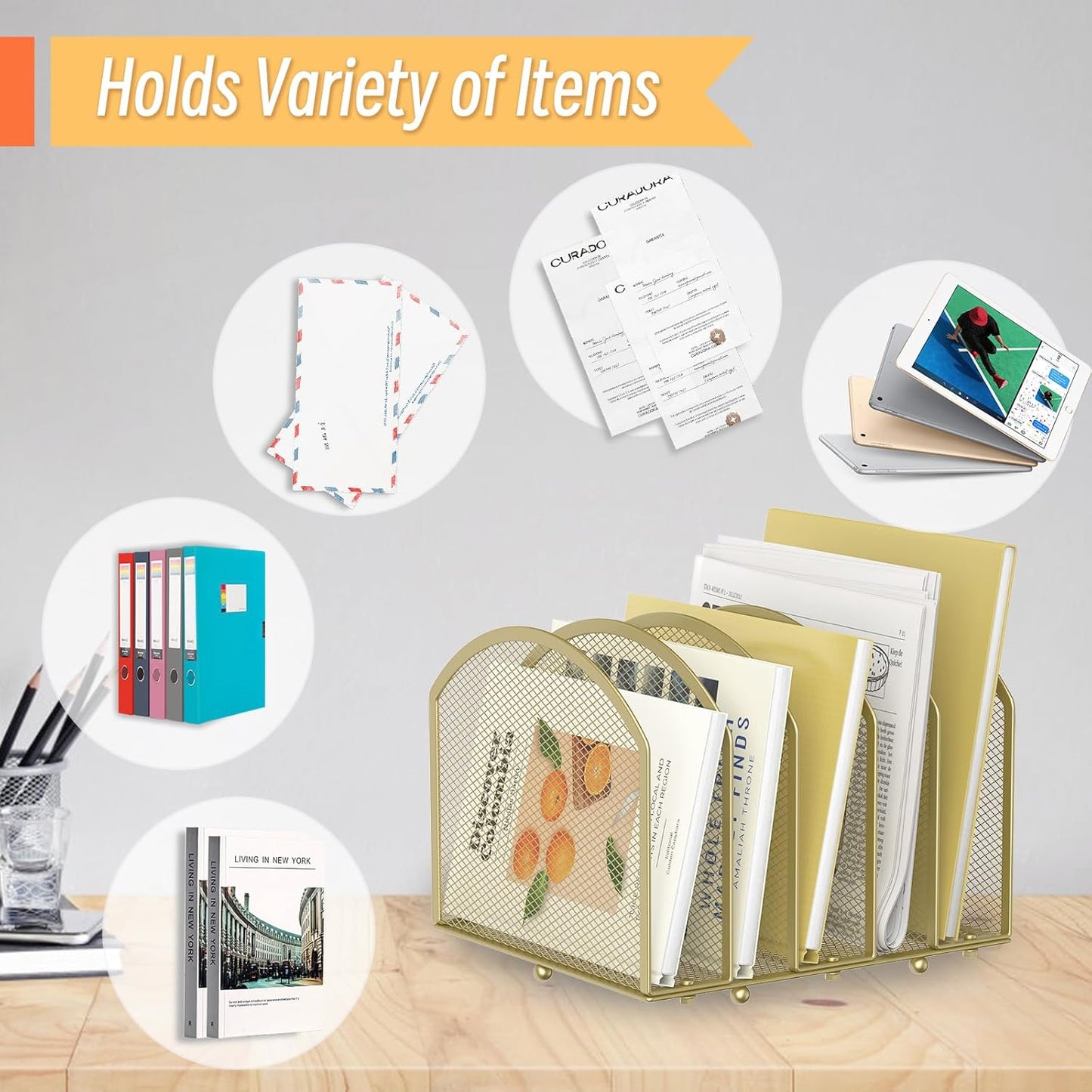 Desk File Organizer 5 Sections Desktop Organizer File Sorter Office Organization File Folder Holder for Office School & Classroom (Gold, 5 Section - 1Pack)
