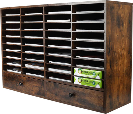 PAG Mail Sorter Organizer, Wood Literature Organizer, Student Mailbox for Classroom, Desktop Bill Paper Organizer for Office Home School, 38 Compartments, Antique Brown