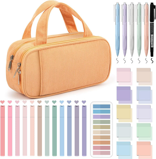 Jutom 39 Pcs Aesthetic Book Annotation Kit Highlighter with Pencil Case Bag Gel Pen Transparent Sticky Note Taking Bible Study College School Supplies(Orange,Classic Style)