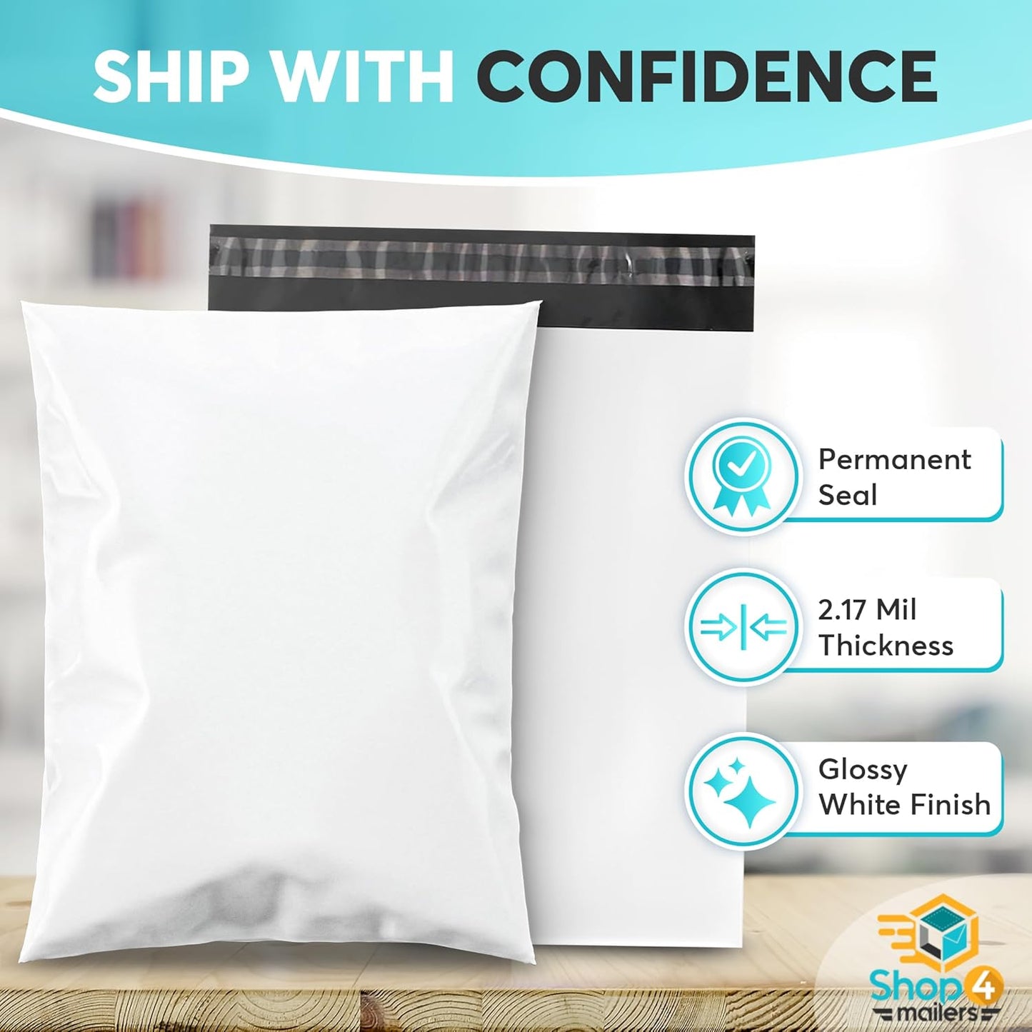 Shop4Mailers 19 x 24 Glossy White Plastic Self Seal Poly Mailer Flat Bags Waterproof Shipping Envelope 2.17 Mil for Apparel, Clothes, Shirts, Books – Permanent Adhesive Seal (250 Pack)
