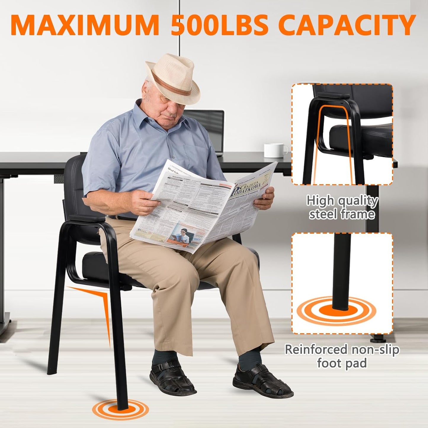 CLATINA Big & Tall 500 lbs Waiting Room Guest Chair, Leather Office Reception Chair No Wheels with Padded Arms for Elderly Home Desk Conference Room Lobby Side Salon Clinic, Black(2 Pack)