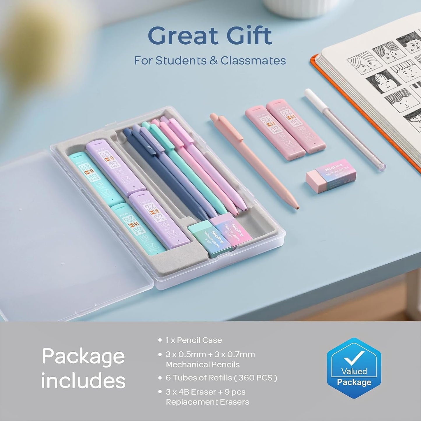 Nicpro 6PCS Pastel Mechanical Pencil Set with Case, Cute Drafting Pencils 0.5mm & 0.7mm with 6 Tubes HB Lead Refills, Erasers, Eraser Refills, Aesthetic School Supplies for Girls Drawing Sketching