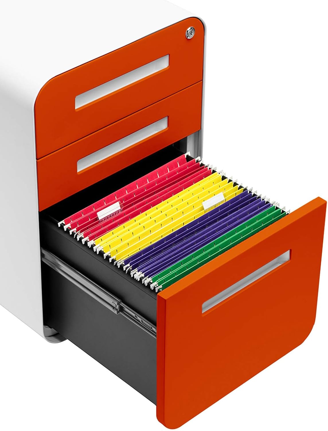 Laura Davidson Furniture Stockpile 3 Drawer File Cabinet with Lock - Under Office Desk Metal Filing Cabinet, Legal/Letter File Folders, Wheels and Stationary Feet, Pre-Assembled, Orange Faceplate