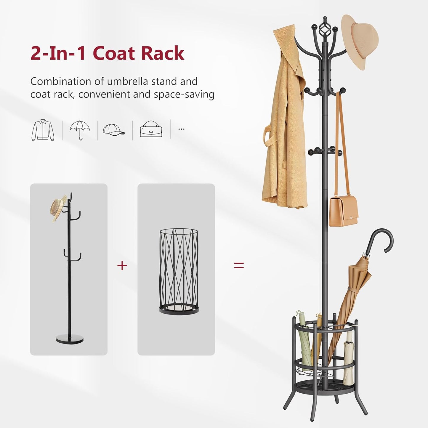 Tajsoon Coat Rack with Umbrella Holder, Coat Tree Freestanding, Coat Rack Stand with 16 Hooks, Coat Stand for Living Room, Bedroom, Office, Grey
