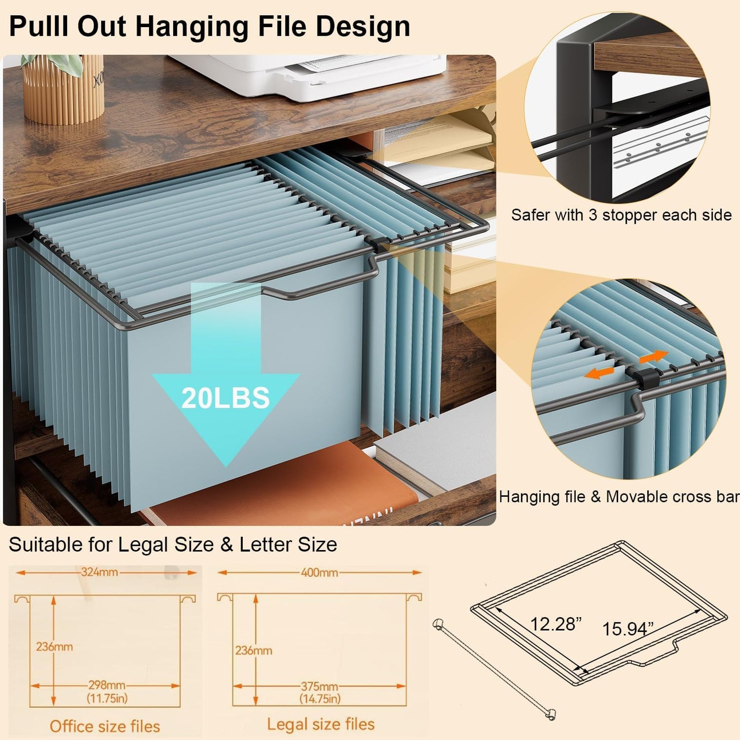 HSH Mobile Lateral File Cabinet with Drawer, Rolling Filing Cabinet with Storage Shelves & Hanging File Folders, Wooden Metal Printer Stand Fits A4 Letter Legal Size for Home Office, Rustic Brown,33In