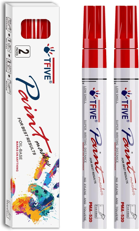 TFIVE Red Permanent Paint Marker Pens - 2 Count Oil Based Marker Pen, Medium Tip, Waterproof & Quick Dry, for Office, Art projects, Rock Painting, Ceramic, Glass, Wood, Plastic, Metal, Canvas
