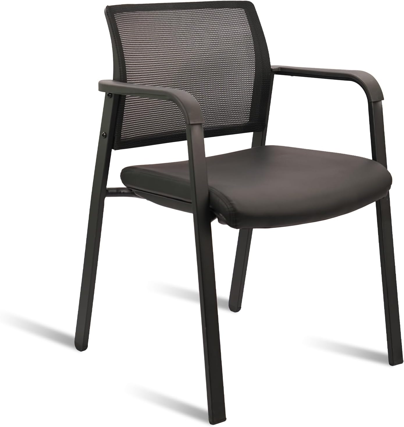 CLATINA Stackable Office Chair, Mesh Back Guest Chairs with Comfortable Leather Seat Arms Stacking Ergonomic Desk Chair No Wheels for Conference Waiting Reception School Side Stationary, Black