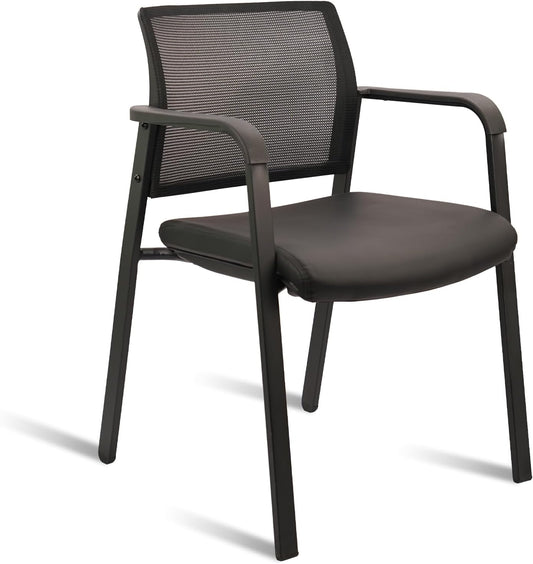 CLATINA Stackable Office Chair, Mesh Back Guest Chairs with Comfortable Leather Seat Arms Stacking Ergonomic Desk Chair No Wheels for Conference Waiting Reception School Side Stationary, Black