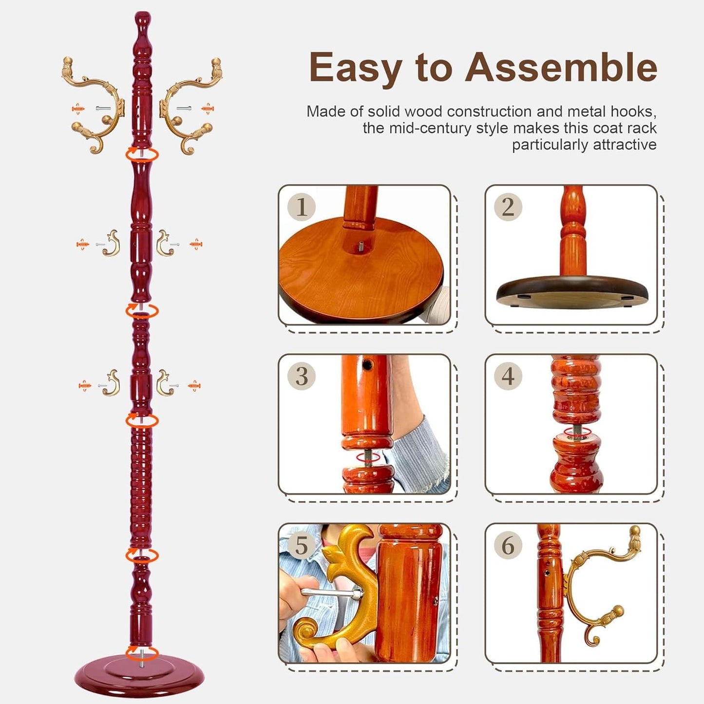 Solid Wood Coat Rack Stand with 18 Hooks, Vintage Coat Rack Freestanding with Heavy Duty Base, 3 Adjustable Height Coat Hanger Stand Hall Tree Fits Entryway Bedroom Office for Coat,Bag,Hat