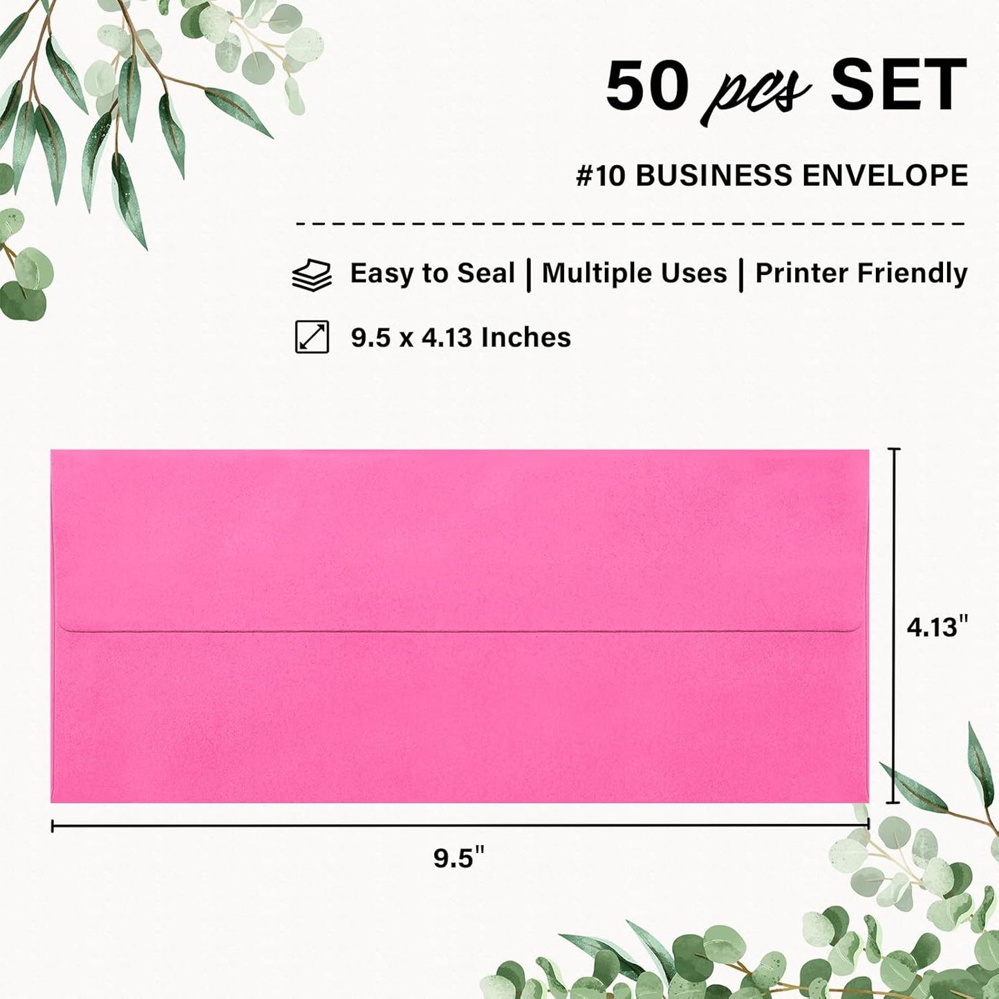50 Pack #10 Business Envelopes, Self Seal Standard Hot Pink Envelopes for Secure Business & Legal Mailing, Office, Checks, Letter, Invoices, 4 1/8 x 9 1/2 Inches