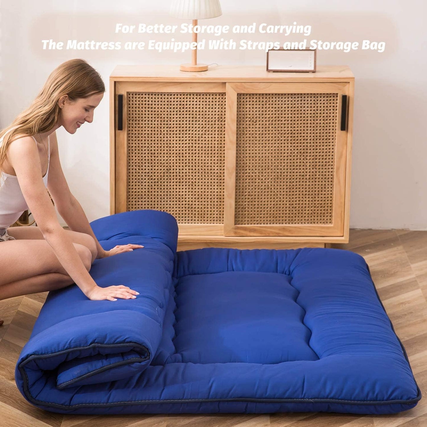 MAXYOYO Japanese Floor Mattress Futon Mattress, Thicken Sleeping Pad Foldable Roll Up Floor Futon for Adults Tatami Mat Dormitory Bed Lounger, Royal Blue, Queen Size