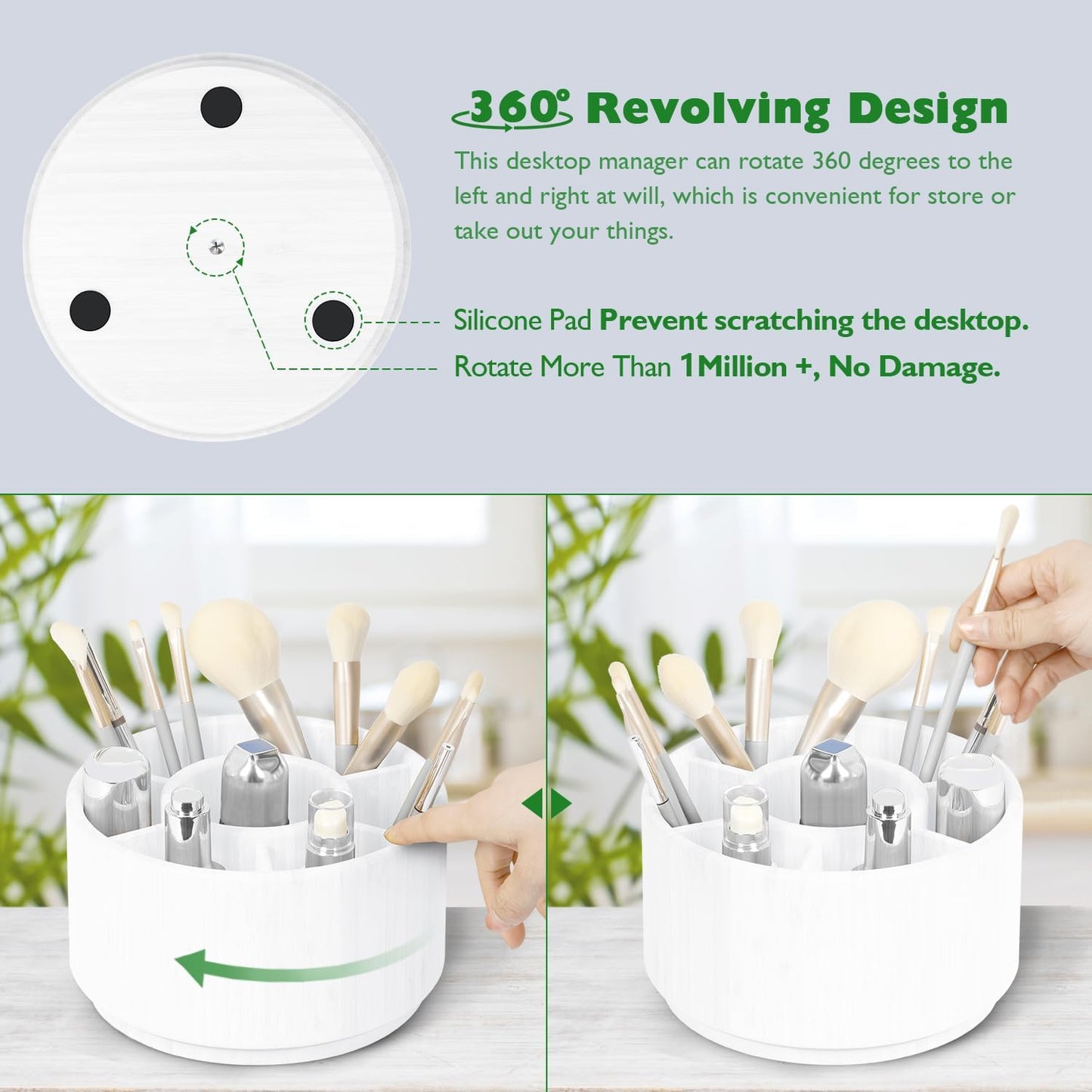 Bamboo Rotating Round Art Supply Organizer, Pencil Holder Desk Organizer with 7 Compartments, Office Supplies Desktop Storage Caddy for Colored Pencils(white)