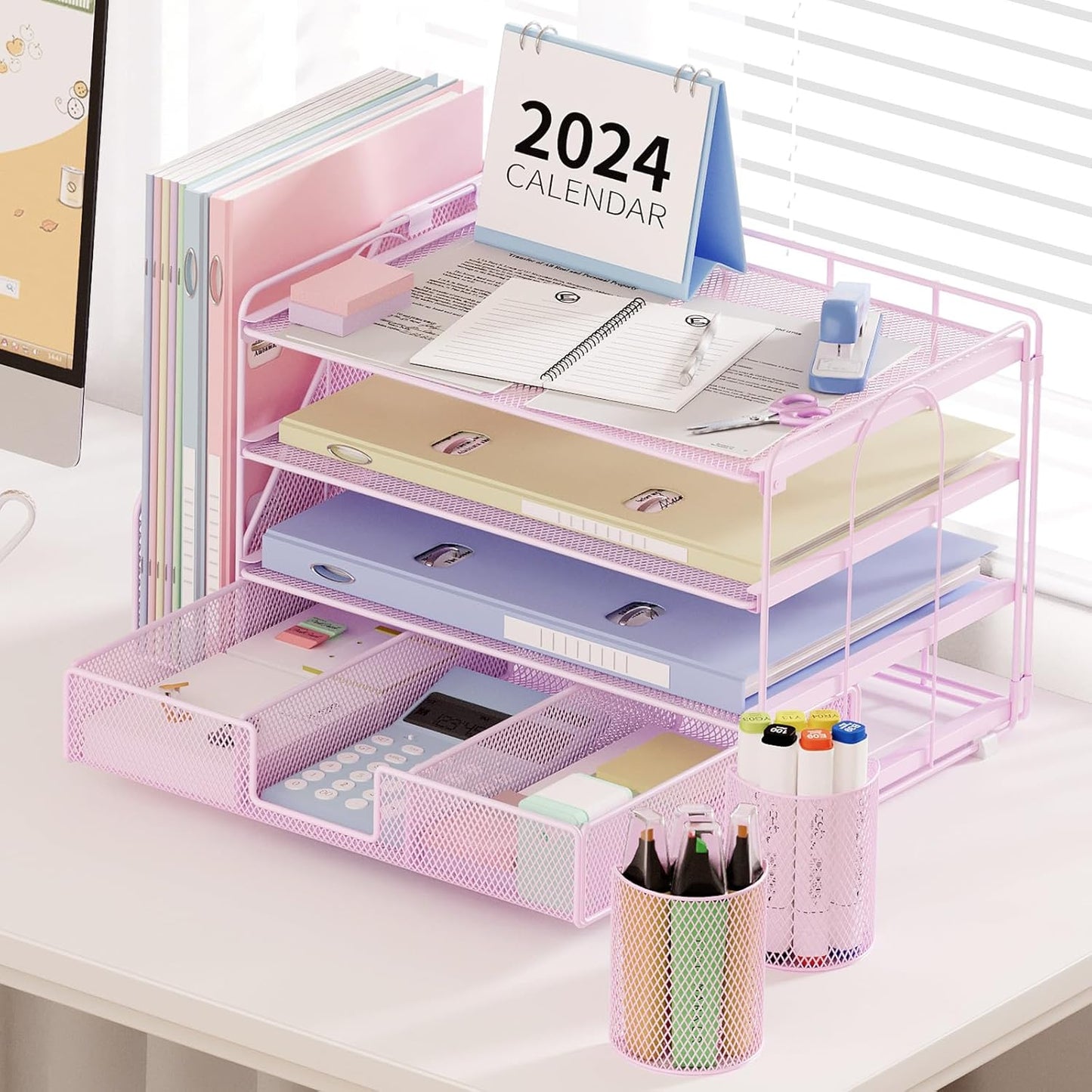 Desk Organizer and Accessories, 4-Tier Desktop File Organizer with Drawer and 2 Pen Holders, Office Desk Accessories for Office Supplies(Pink)