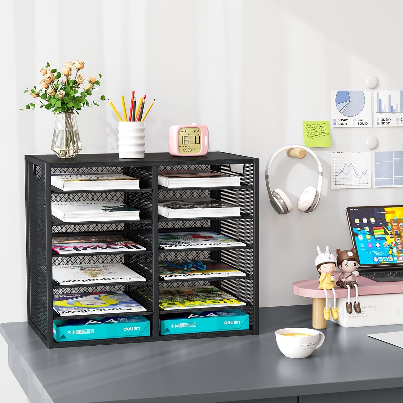 PAG Mass Mail Holder, Adjustable Countertop Literature Organizer, Student Mailbox, Desktop Bill Paper Organizer, 12 Compartments, Black