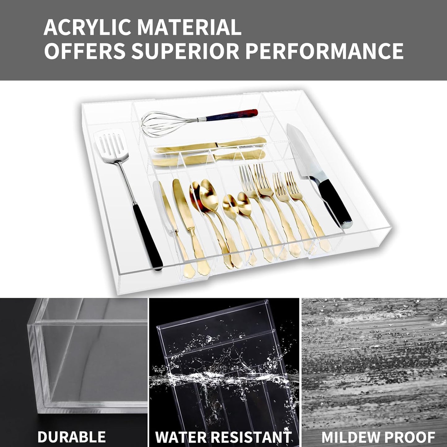 Clear Acrylic Drawer Organizer for Kitchen Utensils and Flatware, Adjustable Silverware Tray with 9 Compartments for Drawers, Office, and Bathroom Storage