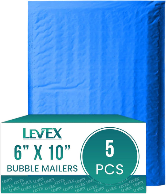 Levex - #0 6" x 10" [5 Pack] Blue Poly Bubble Mailers, Padded Envelope Mailers, Packing Envelope & Mailing Bags for Shipping