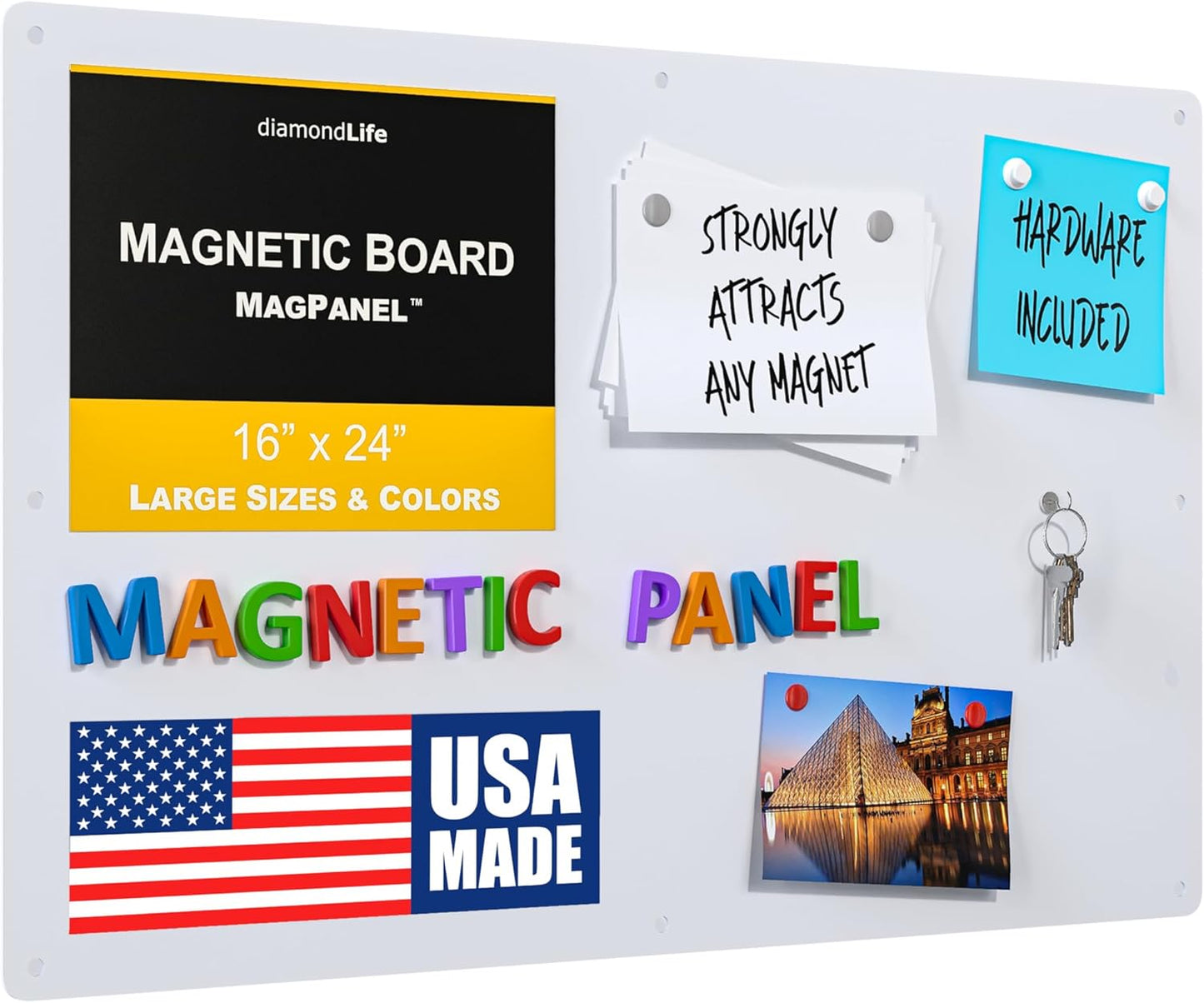Diamond Life Magnetic Board - Memo & Vision Board for Home, Office, and Classroom - Magnet Board for Kids - Pre-drilled Mounting Screws Included (White 16"x24")
