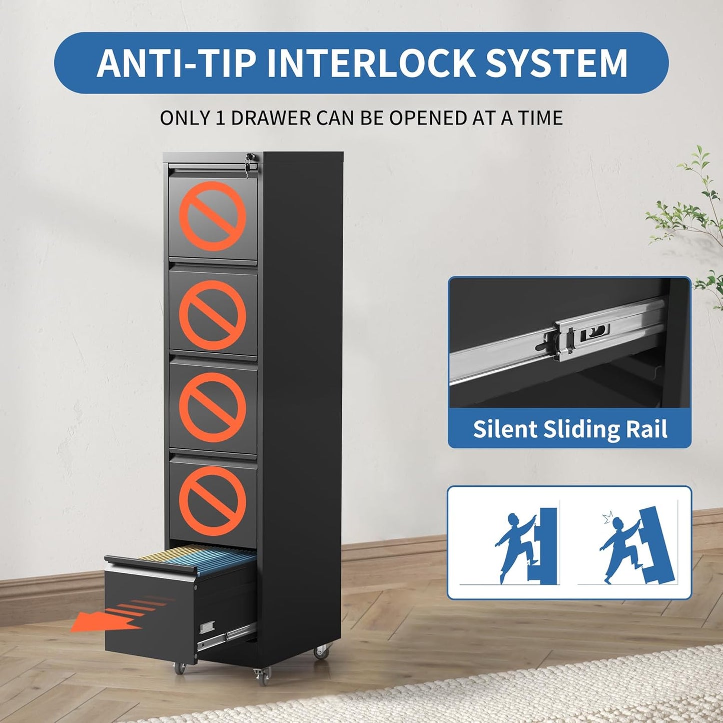 5 Drawer Mobile File Cabinet, Metal Filing Cabinet with Lock and Wheels, Home Office Rolling File Cabinets for Legal/Letter Hanging File Folders, Un-Assembled (Black)