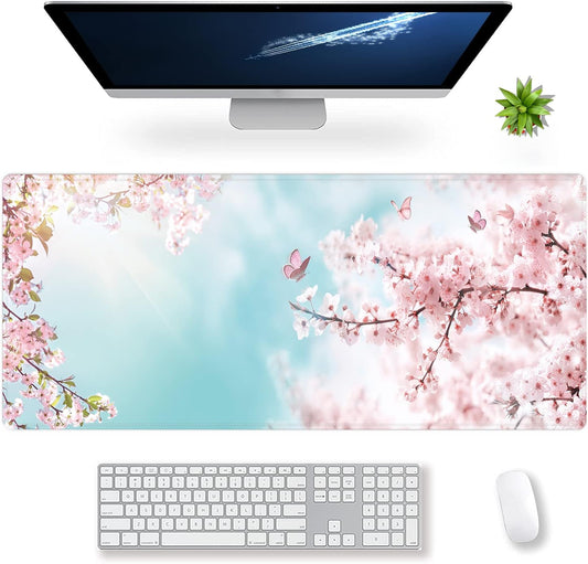 Extended Large Gaming Mouse Pad Dreamy Romantic Pink Sakura Butterflies XXL Size Keyboard Mouse Mat Desk Pad with Non Slip Rubber Base Stitched Edges Office Decor for Women Girls Men,35.4 x 15.7inch