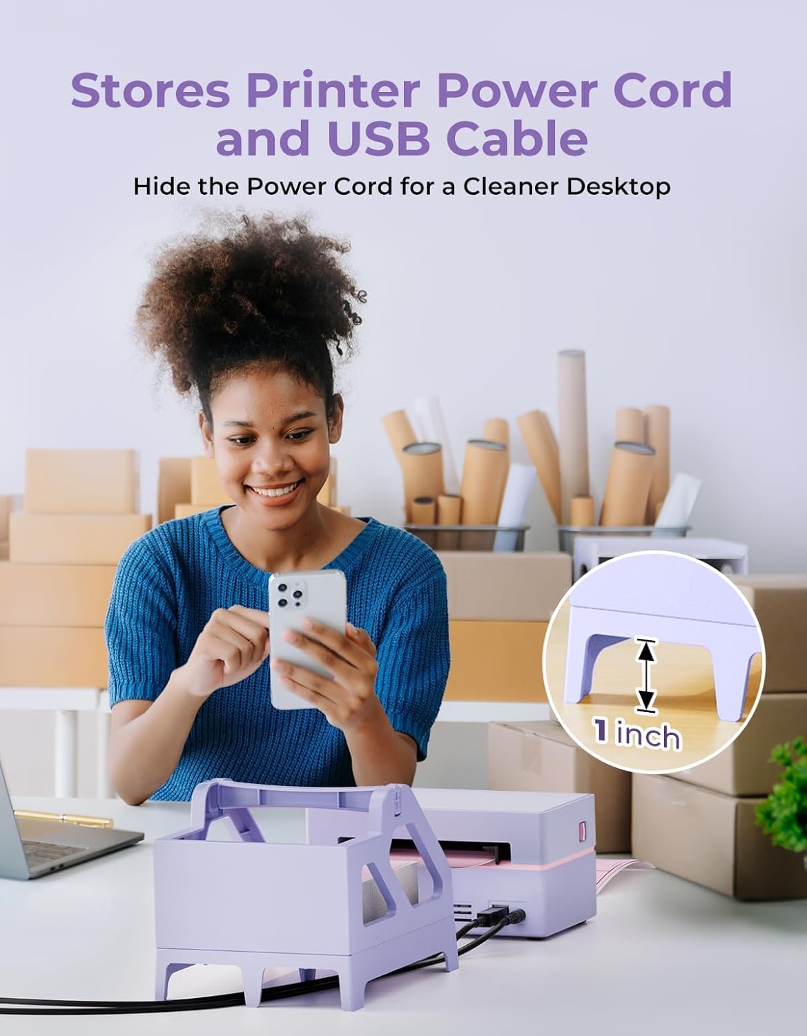 MUNBYN Label Holder for Rolls and Fan-Fold Labels, Thermal Sticker Roll Holder for Desktop Thermal Printer Shipping Supplies Industrial Paper, Purple