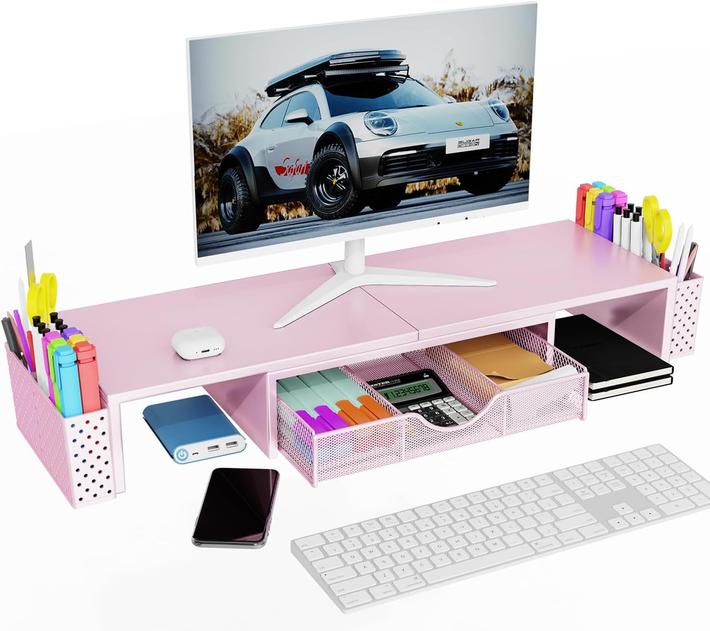 Spacrea Metal Desk Organizers and Accessories, Dual Monitor Stand Riser with Drawer and 2 Pen Holders, Desk Accessories & Workspace Desktop Organizers for Office Supplies (Pink)