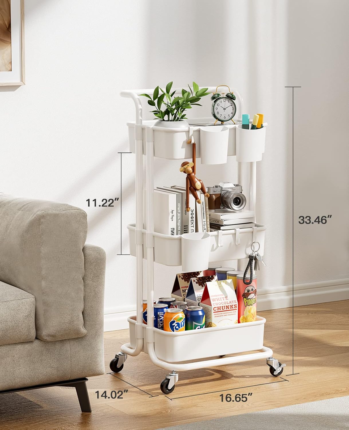 Pipishell 3-Tier Rolling Cart with Wheels - Rolling Storage Cart with Hanging Cups & Hooks - Mobile Utility Cart for Office, Kitchen, Craft Room - Art & Craft Organizer, White, PIUC06W
