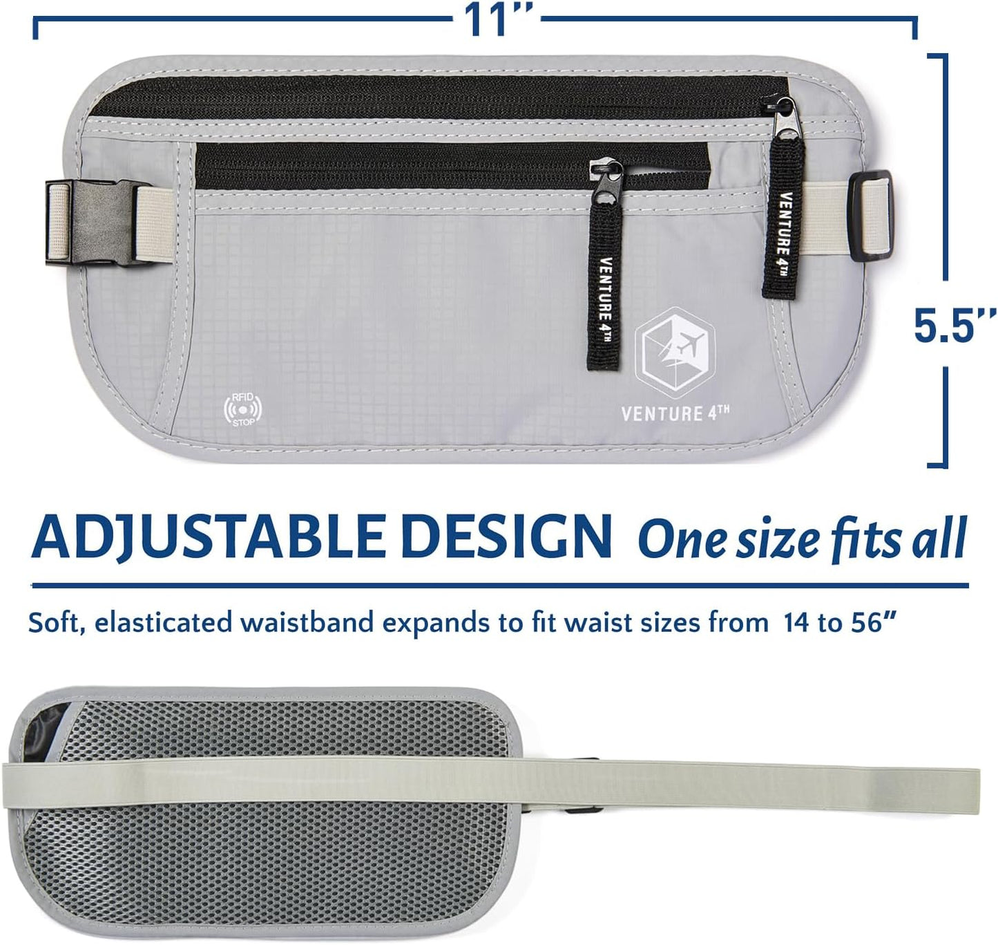VENTURE 4TH Travel Money Belt - Slim Passport Holder RFID Blocking Travel Pouch to Protect Cash, Credit Cards and Travel Documents (Silver)