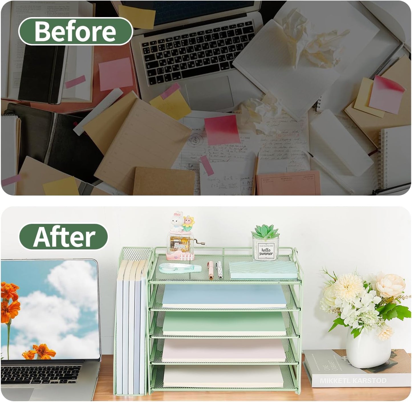 AUPSEN Green Desk Accessories Organizer,5-Tier Letter Tray Paper Organizer with Adjustable File Holder, Desktop Office Desk Accessories for Office Supplies