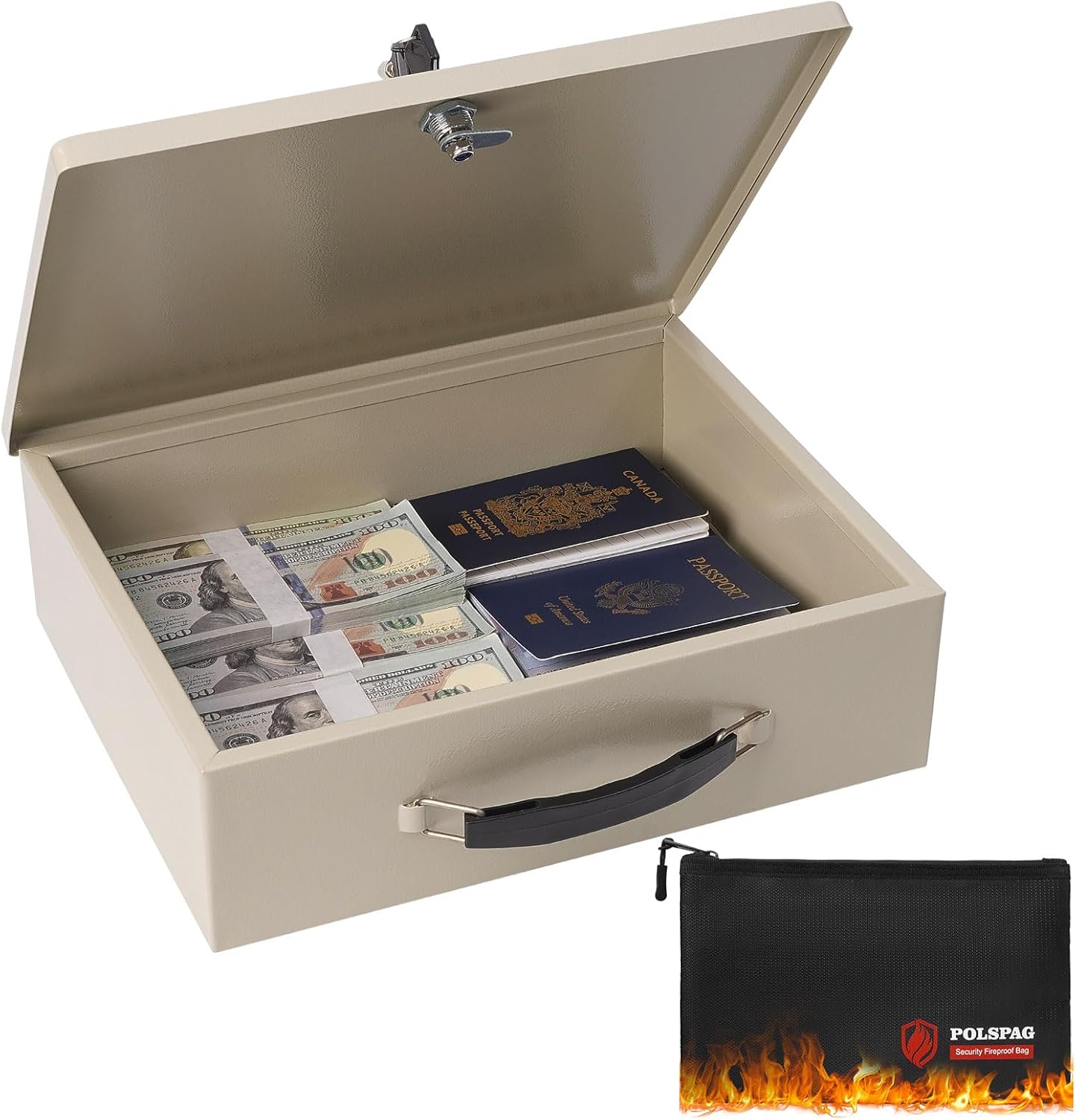Fireproof Document Box with Key Lock & Fireproof Money Bag,Safe Storage Boxfor Valuables,Key Lock Security with Carrying Handle,Fireproof Box for Documents,Passport Extra Large (White, Large)