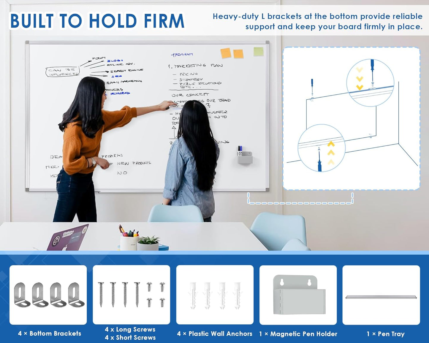 SWANCROWN Magnetic Dry Erase Board 60" x 40" Large White Board, with 2.5 cm Thick Aluminum Frame, Long Marker Tray & Magnretic Pen Holder – Whiteboard for Wall, Offices, School, Meeting Rooms