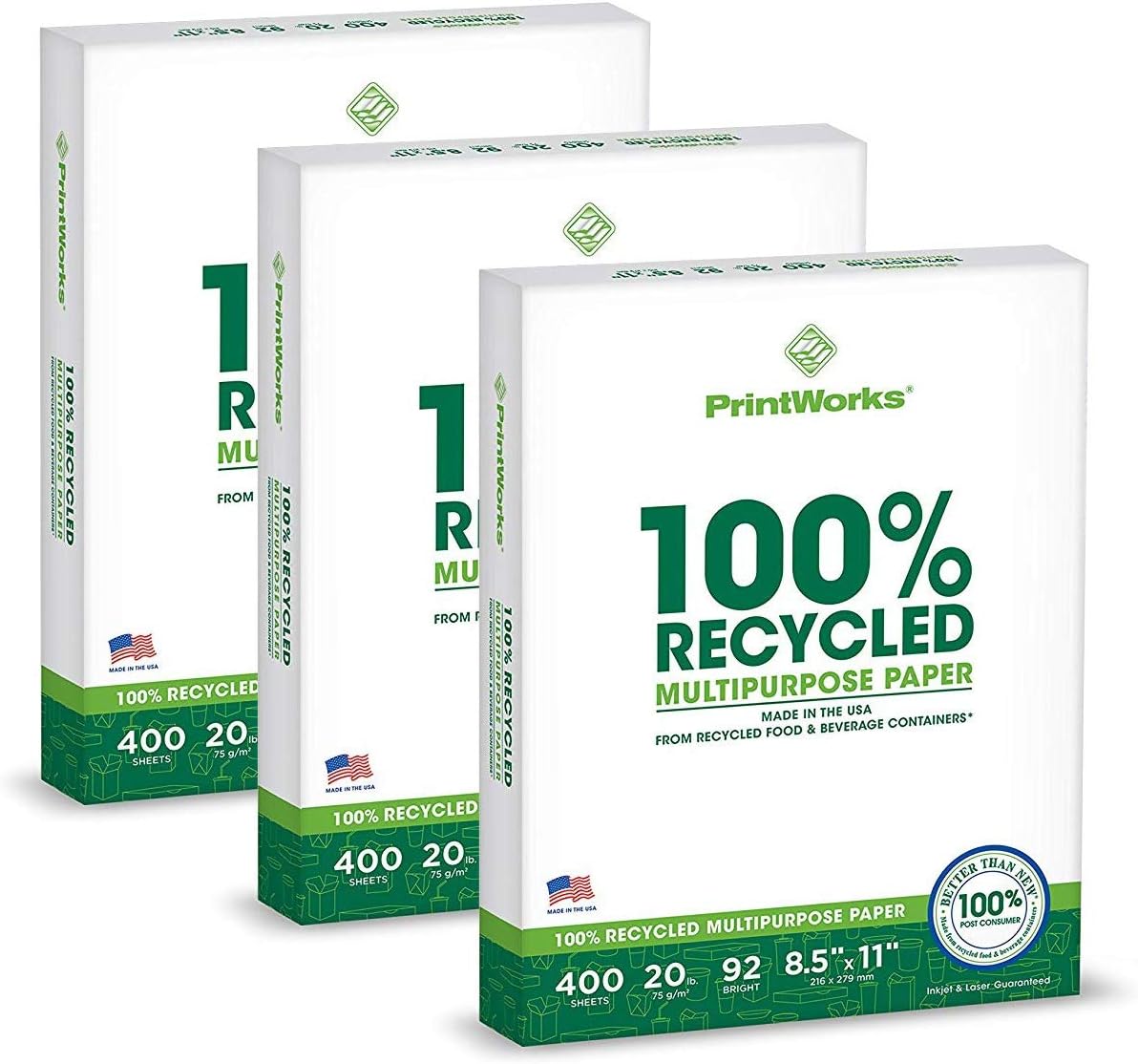 PrintWorks 100% Recycled Printer Paper 8.5" x 11" White - 20 lb Copy & Multipurpose Computer Paper - 3 Packs, 1200 Sheets - Made in the USA - 92 Bright - Printer & Copier Compatible (00018-3)