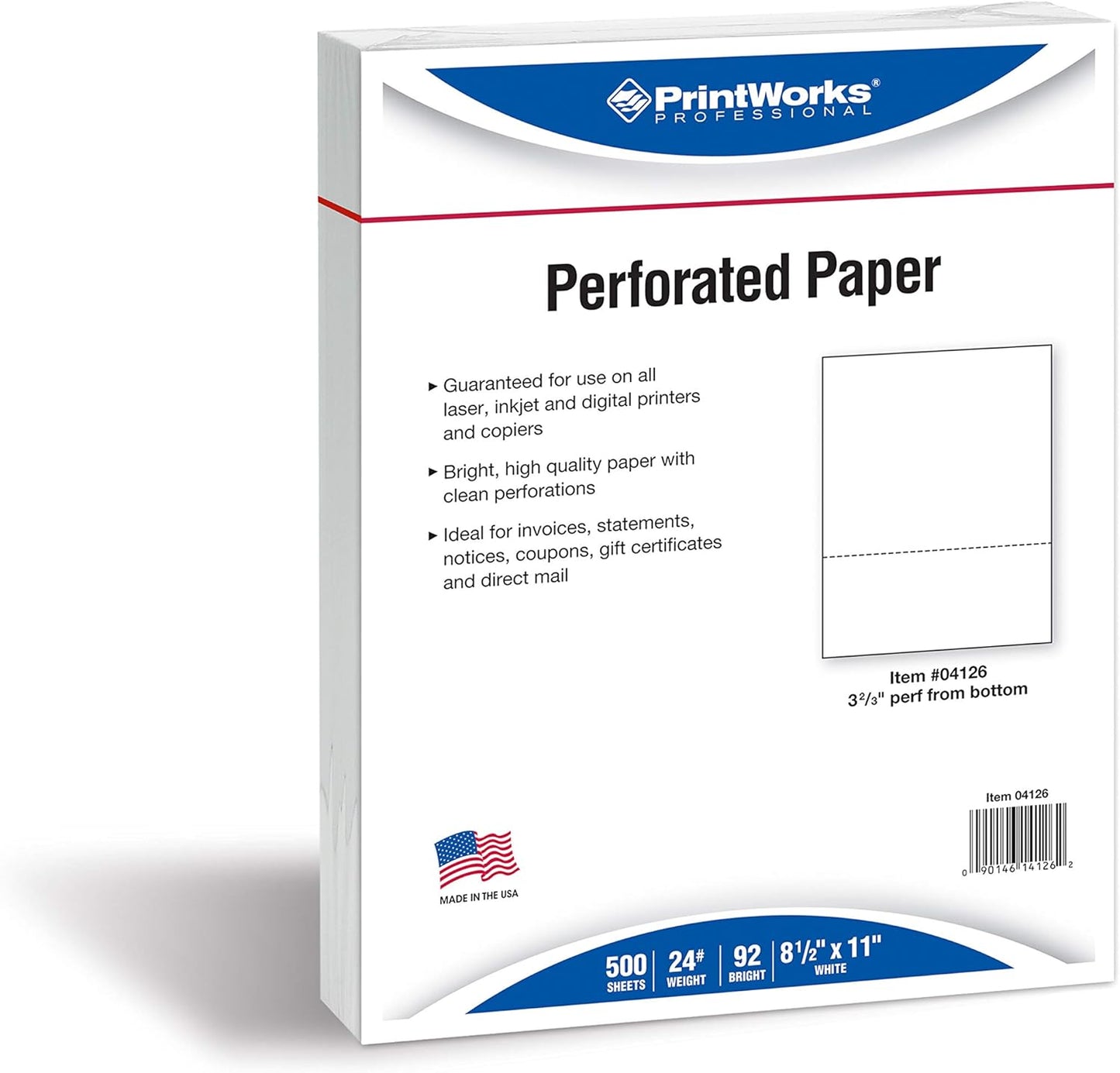 PrintWorks Professional 3 2/3" Horizontal Perforated Paper 8.5” x 11” - Perfect For W-2, 1099, & Statement Use - Made in the USA - 500 Sheets - 24 lb - Printer Compatible - White (04126)