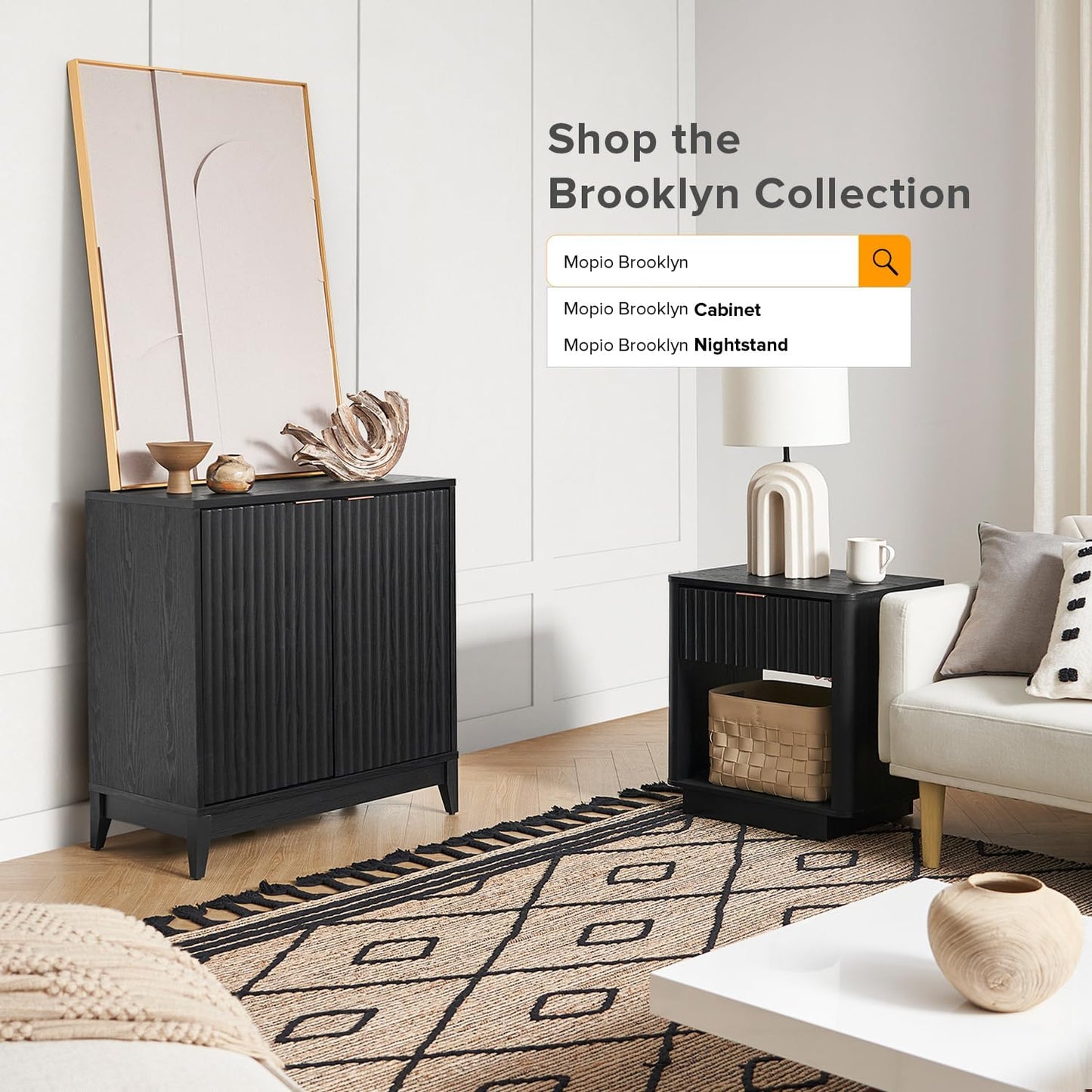 mopio Brooklyn Storage Cabinet, Modern Farmhouse Entryway Accent Case, Buffet Sideboard, Console Table, Credenza, Wood Modular Organizer with Doors & Shelf, Fluted Panel Cupboard (Black, Single)