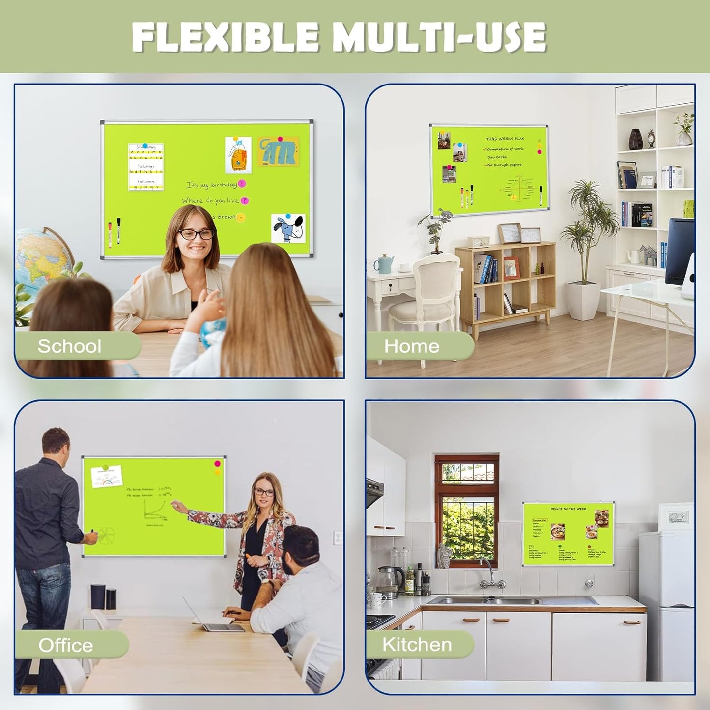 WALGLASS Magnetic Whiteboard 24"x18" Dry Erase White Board for Walls with Pen Tray, Aluminium Frame and Dry-Wipe Writing Surface for Kids' Drawing, Home, and Office (Green)