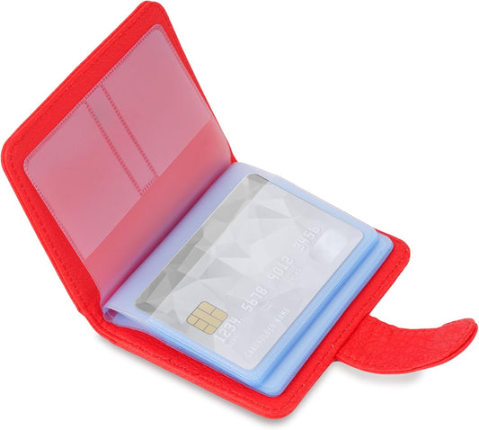 Wisdompro Credit Card Holder, Slim Leather RFID Blocking Wallet Debit Card Protector Organizer Case (20 Card & 7 Memory Card Slots)-Vertical Red