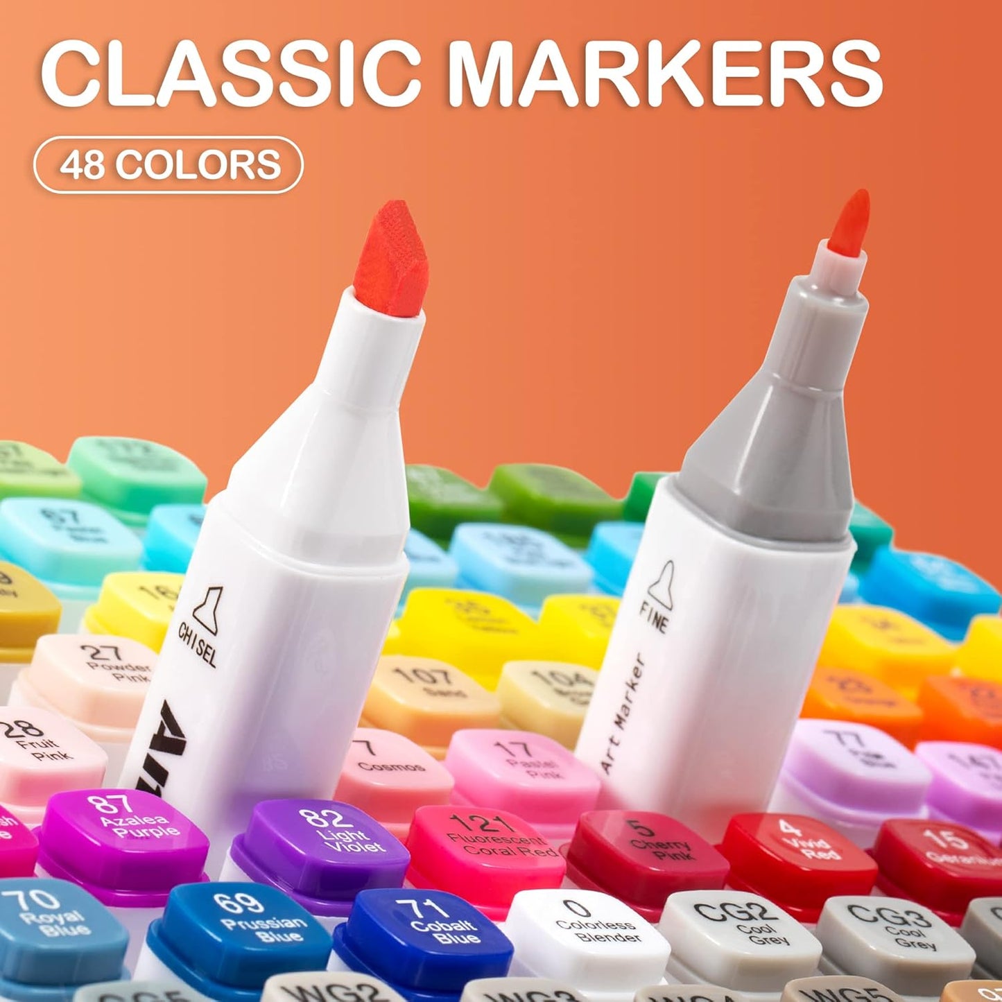 AnyMark Alcohol Markers, 48 Colors Dual Tip Art Coloring Markers Set for Kids Adult Book Drawing Sketching Painting, Chisel & Fine, White Penholder