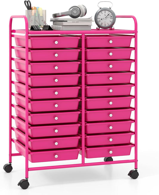 Giantex 20 Drawers Rolling Cart, Mobile Storage Drawer Cart, Classroom Organizer for Office School Supplies Teacher Tools Scrapbook Paper Craft Small Printer, Utility Stand on Wheels, Hot Pink