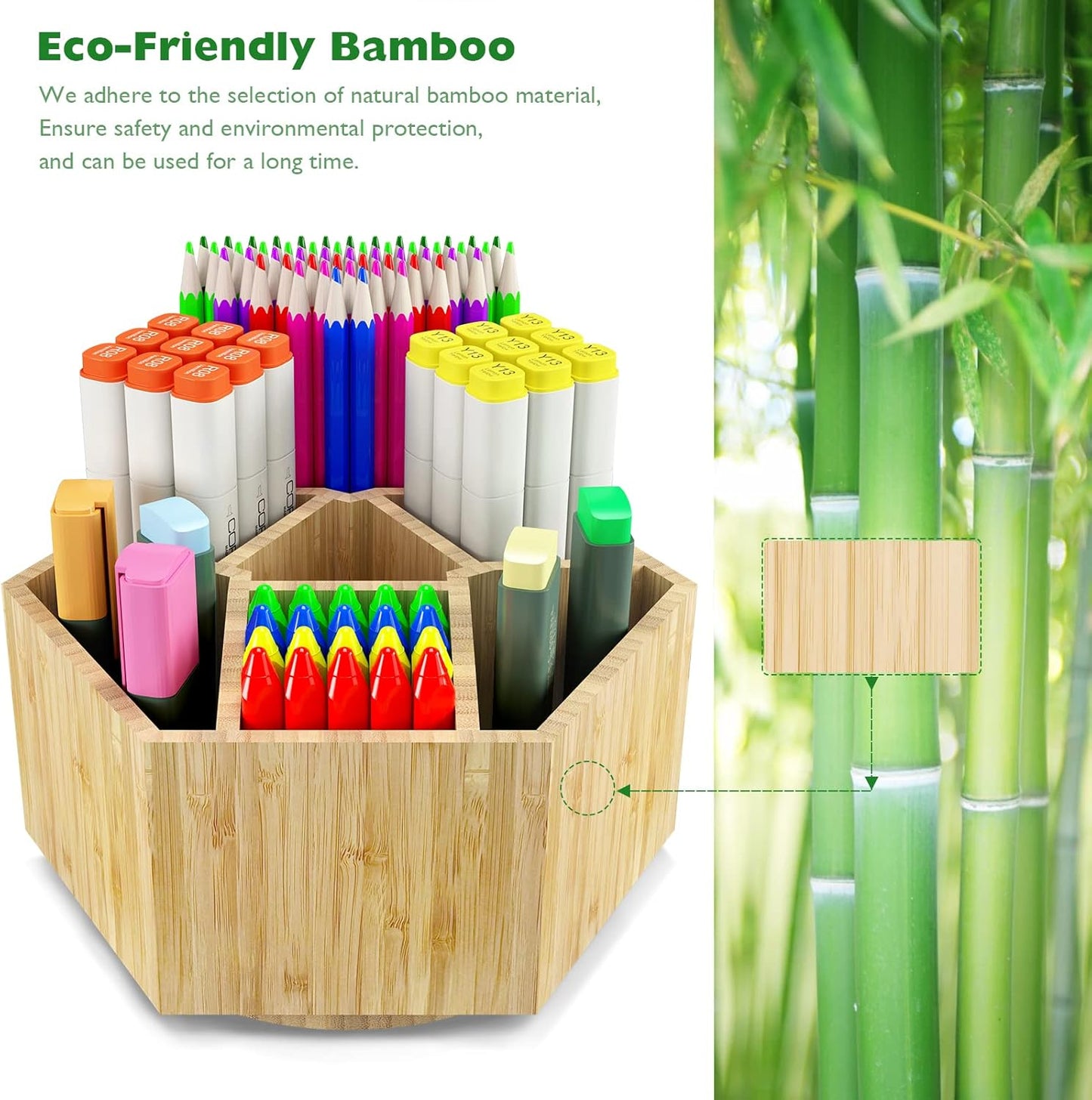 Bamboo Art Supply Organizer, Back to School Supplies, Hold 350+ Pencils, Rotating School Supplies Holder for Pen, Colored Pencil, Art Brushes, Desktop Storage Caddy for Classroom & Art Studio