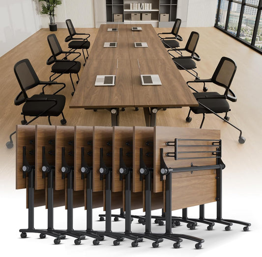 Conference Room Table with Silent Wheels, Mobile Folding Conference Table for 16 Person,Flip Top Office Training Tables with Walnuts Wood Tabletop, for School,Business Meeting Rooms (8Pack 63in)