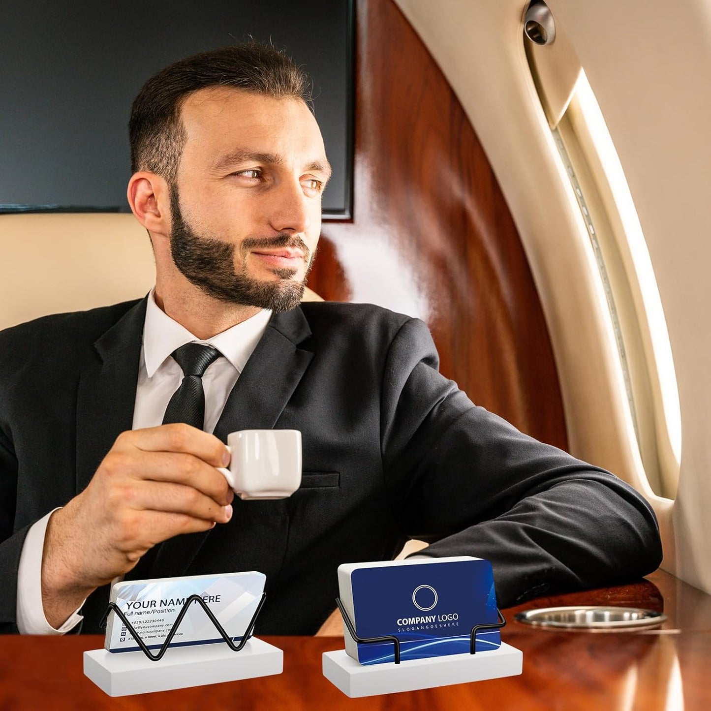 Amyhill 2 Pieces Wood Business Card Holder for Desk Wooden Business Card Display Stand Postcard Holder for Office Home Desktop (White, Black)